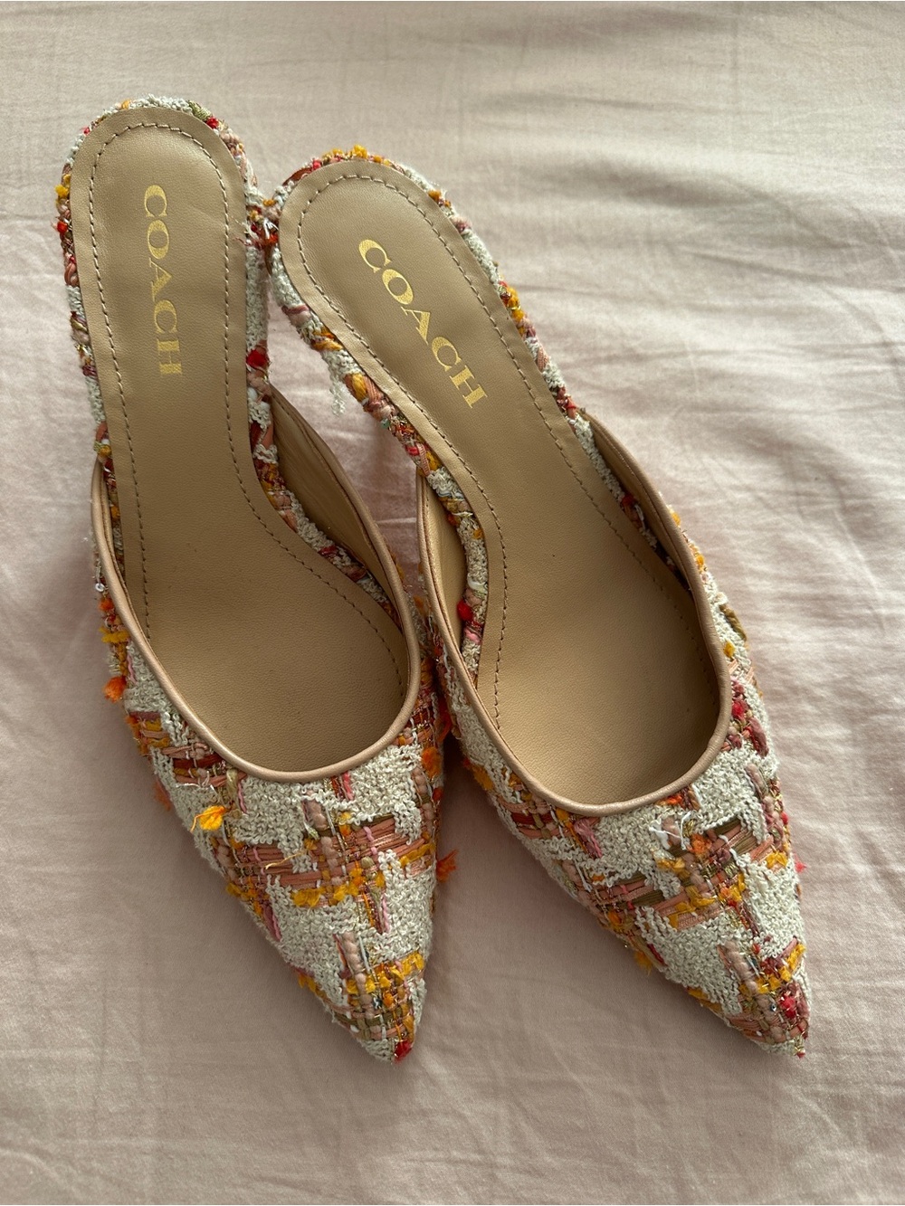 COACH Multicolor Tweed Pointed Mule - Cream with Orange & Pink Accents